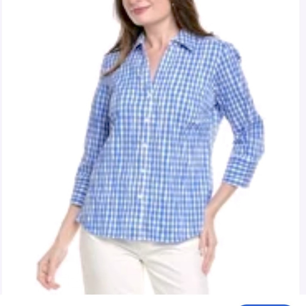 foxcroft white Blue Checkered blouse Top